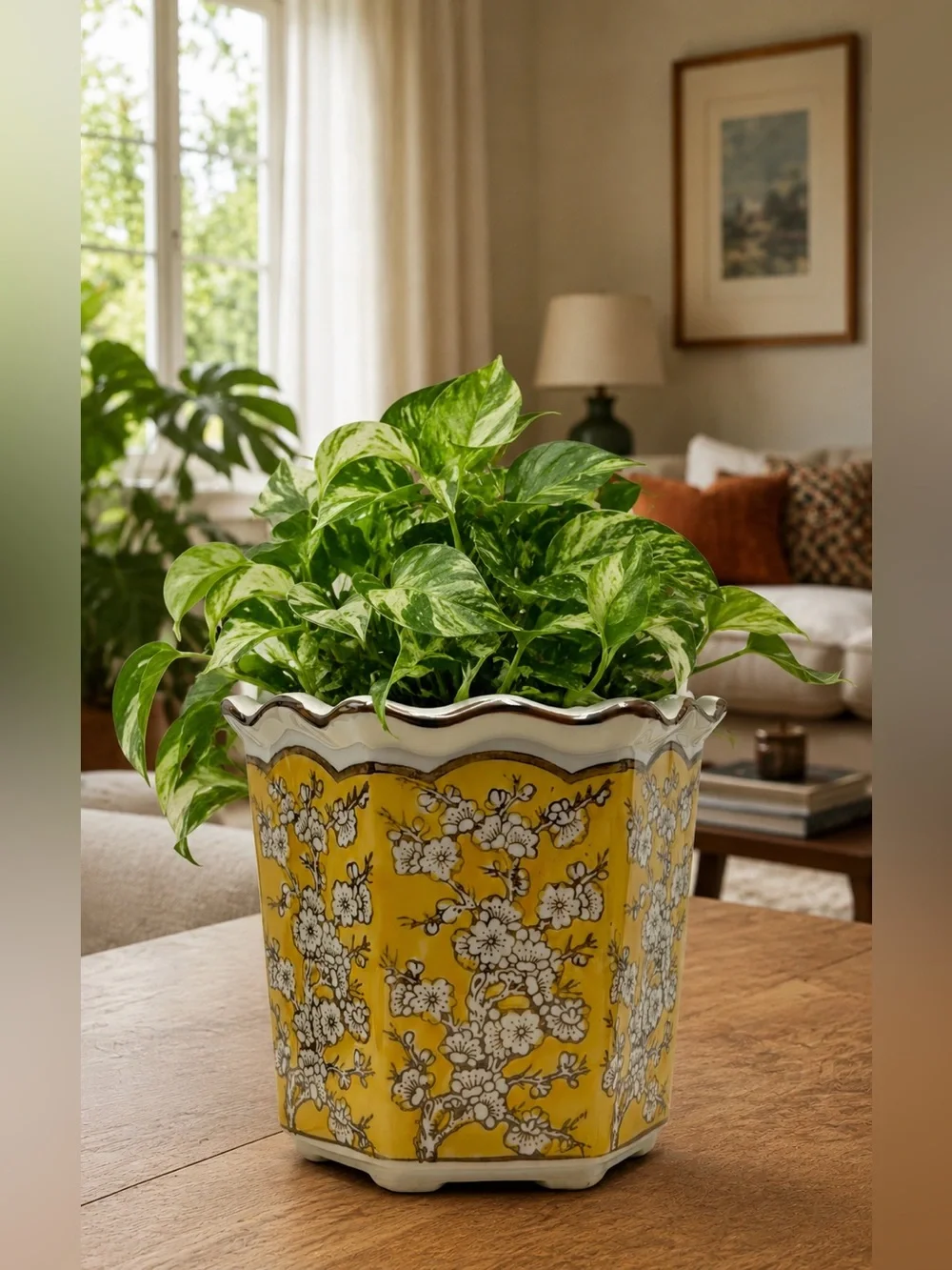 Yellow Cherry Blossom Planter with Drainage Hole, 7 Inch Ceramic Flower Pot